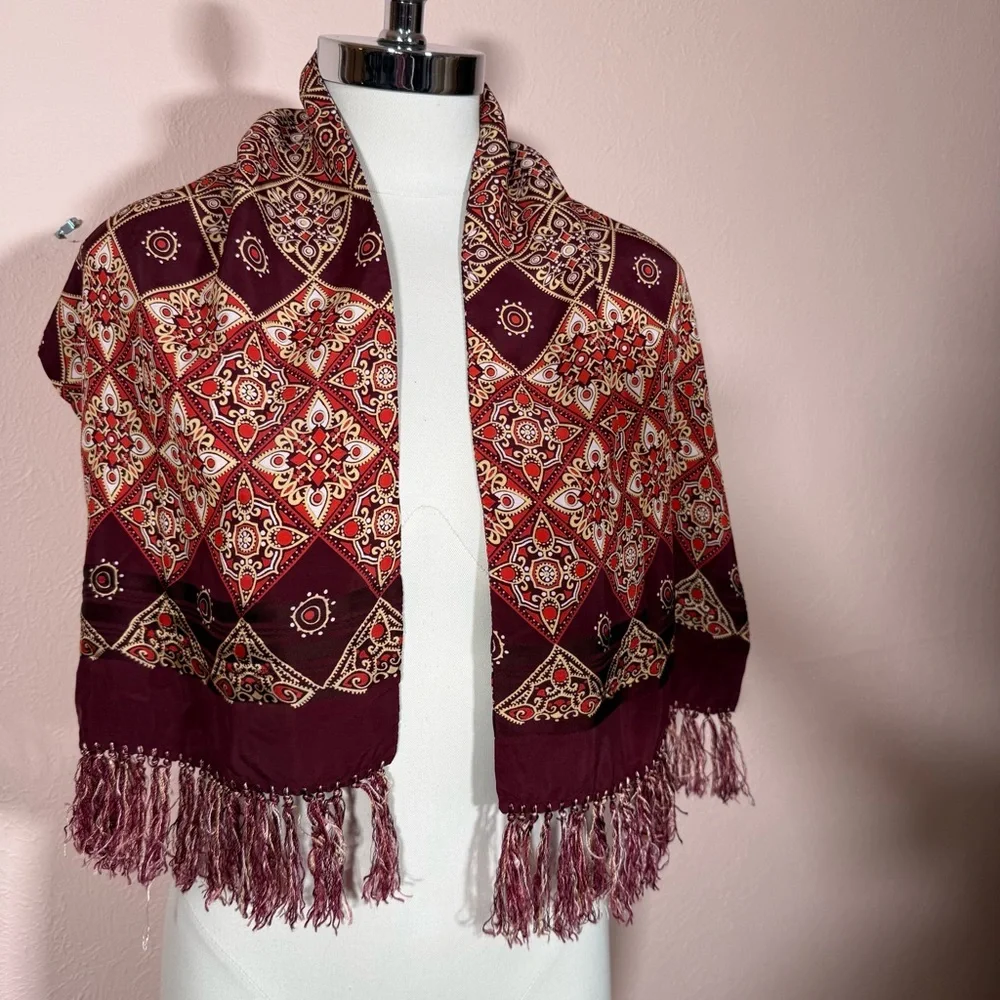 Vintage 1970’s Burgundy art deco Geometric Patterned Fringed Cravat Scarf